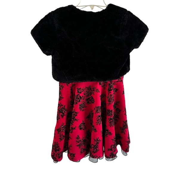 Knitworks Girl’s Christmas Dress Red/Black Roses Black Faux Fur Bolero Jacket - Picture 2 of 12
